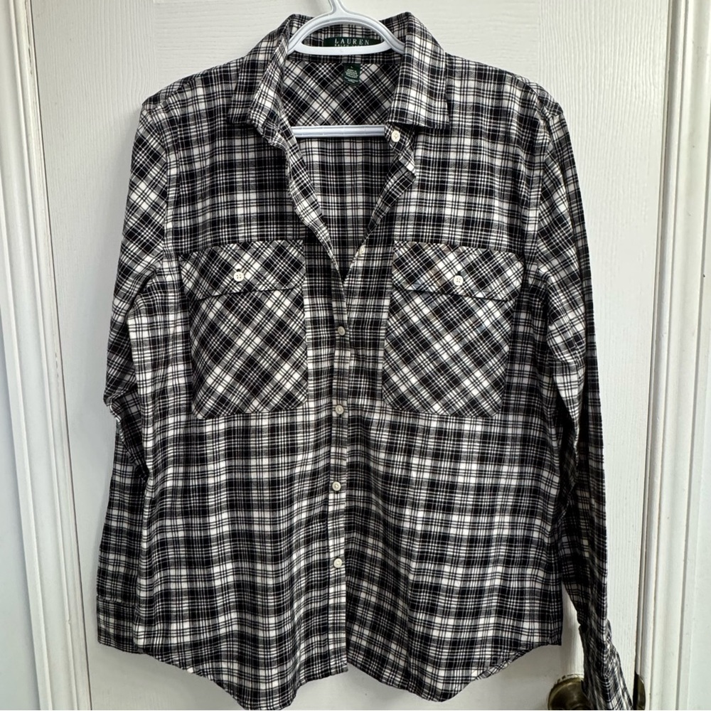 Lauren Ralph Lauren Black White Plaid Button Down Shirt Women's L NWT Preppy